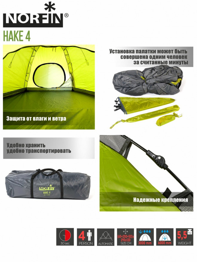 Палатка автоматическая 4-х мест. Norfin HAKE 4 NF